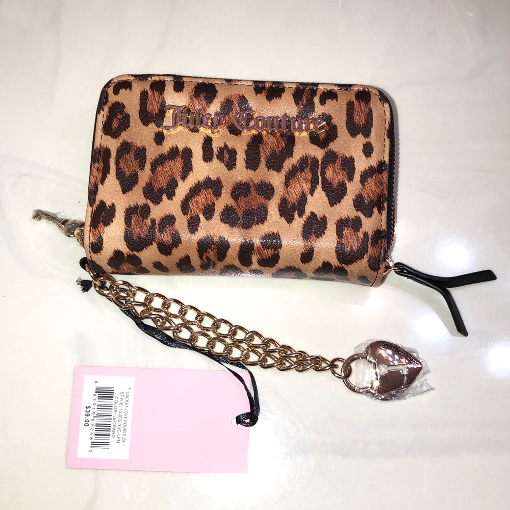 Juicy Couture Leopard Print Locket Love Double Zip Around Wallet + Strap NWT